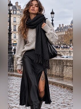 Free People Sweet Talker Black Front Slit Midi Skirt Large NWOT